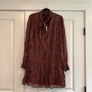 NWT Paige Women's Cleobelle Longsleeve Dress Neck Tie Tan‎ Glitter Size Large